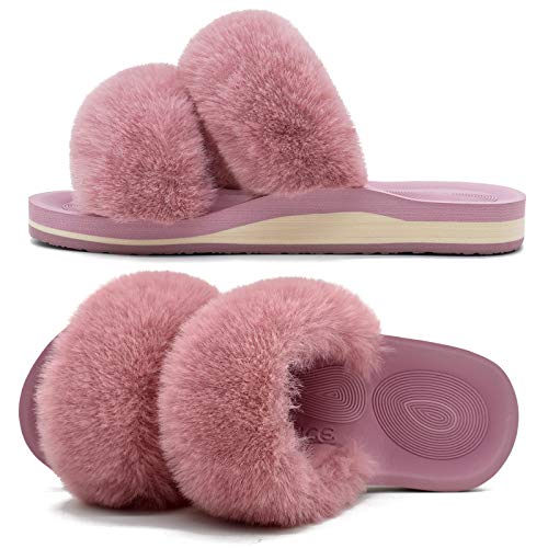 COFACE Fuzzy Slippers for Women | Open Toe Orthopedic Slippers | Arch Support | Fluff Fax Fur Slides | Plantar Fasciitis Relief | Woman House Slippers Indoor size 8.5
