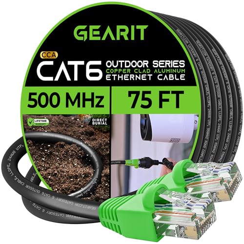 GearIT Cat6 Outdoor Ethernet Cable (75 Feet) CCA Copper Clad, Waterproof, Direct Burial, In-Ground, UV Jacket, POE, Network, Internet, Cat 6, Cat6 Cable - 75ft