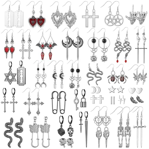 40 Pairs Goth Earrings Set Grunge Punk Rock Dangle Earrings Gothic Y2k Jewelry Silver Bat Cross Snake Skull Earrings for Women Girls (Classic)