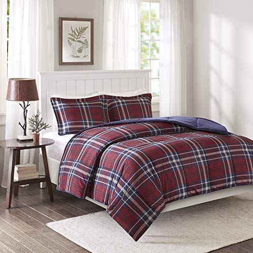 Madison Park Essentials Parkston Plaid Comforter, Matching Sham, 3M Scotchguard Stain Release Cover, Hypoallergenic All Season Bedding-Set, Full/ Queen, Maroon