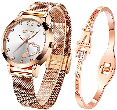 OLEVS Womens Watch Gift Set with Bracelet Rose Gold Minimalist Slim Casual Dress Analog Quartz Wrist Watches for Lady Female Waterproof Luminous with Heart Love Shape Diamonds Silver Dial Two Tone