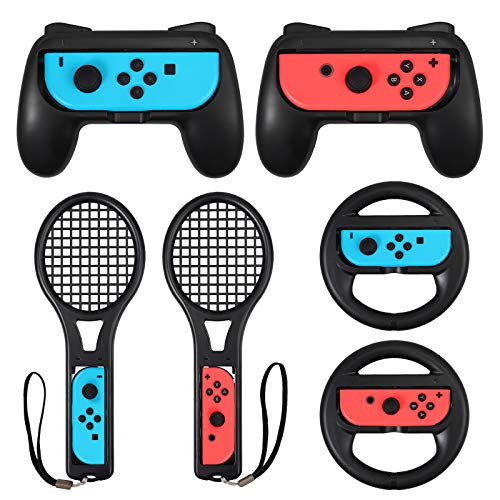 LiNKFOR 3 in 1 Joy-Con Accessories Bundle for Nintendo Switch | Tennis Racket for Mario Tennis Aces Game |Grips Handle for Nintendo Switch Joy-Con | Steering Wheel Accessories Set for Mario Kart