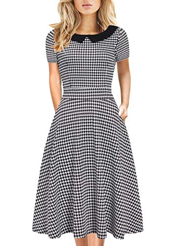 Church Dresses for Women Vintage Casual Peter Pan Collar Fit and Flare Work Party A-Line Swing Dress with Pockets 978 (Houndstooth, XXL)