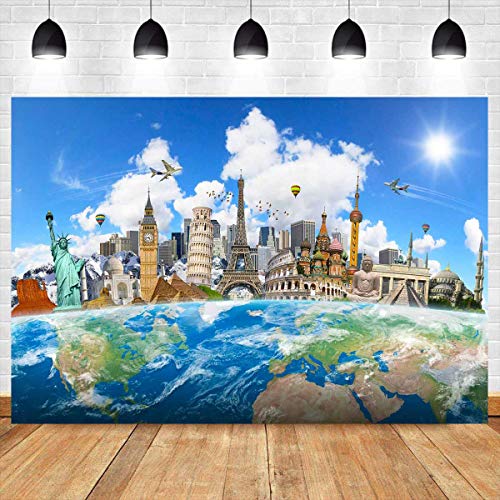 World Map Global Travel Backdrop 7x5ft Worldwide Famous Landmark Buildings Photography Background Newyork and Paris Eiffel Tower Backdrop Wallpaper Photo Booth Studio Props CHE005 LELEZ