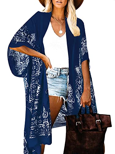 Breezy Lane Kimonos for Women Swimsuit Coverup Beachwear Kimono Cardigans with Blue Bohemian Floral Print