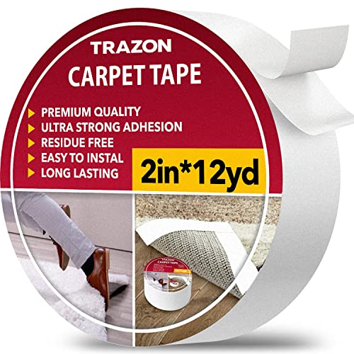 Carpet Tape Double Sided - Rug Tape Grippers for Hardwood Floors and Area Rugs - Carpet Binding Tape Strong Adhesive and Removable, Heavy Duty Stickers Grip Tape, Residue Free (2 Inch / 12 Yards)