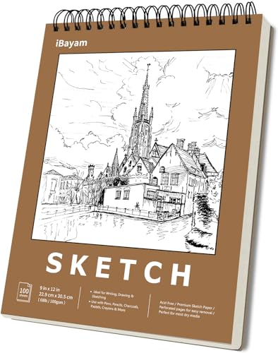 iBayam 9' x 12' Premium Sketch Book Set, 1-Pack Spiral Bound Drawing Paper, 100 Sheets (68lb/100gsm) Sketchbook, Acid-Free Art Drawing Painting Sketching Pad Supplies for Kids, Teens, Adults, Artists