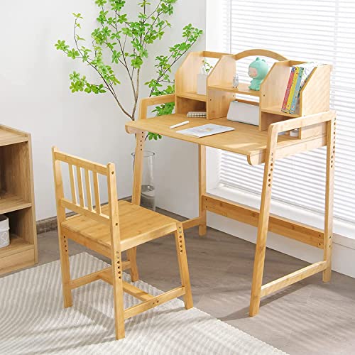 UNICOO - Bamboo Height Adjustable Kids Desk and Chair Set, Children Desk, Kids Study Table and Chair Set (Nature 01)