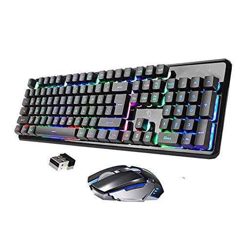 Wireless Rechargeable Backlit Keyboard and Mouse Combo,Soke-Six 2.4G Full-Size Mechanical Feel Gaming Keyboards with USB 2400DPl Mice,Adjustable Breathing Lamp,Anti-Ghosting (Black& Mix Light)