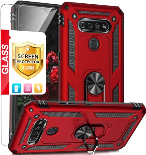 TJS Compatible with LG K51 Case, LG Q51 Case, LG Reflect Case, with [Tempered Glass Screen Protector][Metal Ring][Magnetic Support] Kickstand Heavy Duty Drop Protector Phone Case (Red)