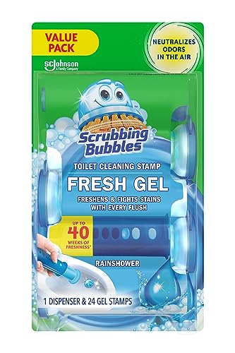 Scrubbing Bubbles Toilet Gel Stamps, Fresh Gel Toilet Cleaning Stamps, Helps Keep Toilet Clean and Helps Prevent Limescale & Toilet Rings, Rainshower Scent, 1 Dispenser with 24 Stamps