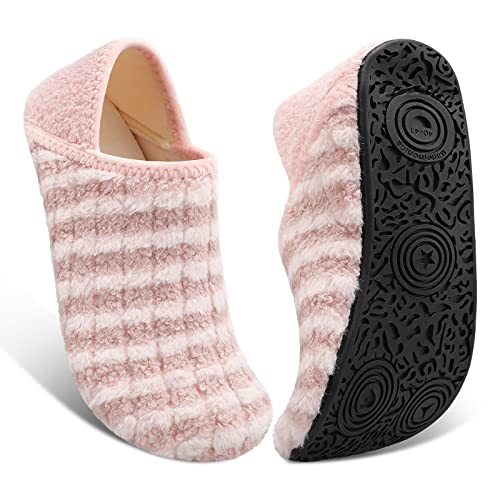 Fires Womens Mens Slippers with Rubber Sole Soft-Lightweight House Slipper Socks Around House Shoes Non Slip Indoor/Outdoor, Pinkstripe, 5.5-6.5 Women/4-5 Men