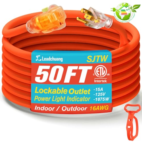 Leadchuang Outdoor Extension Cord Waterproof, Indoor Extension Cord 50 FT 16/3 SJTW 3 Prong Extension Cord, Power Cord Long Extension Cord with Lockable,Featuring L-M-E Certified Top-Grade Copper