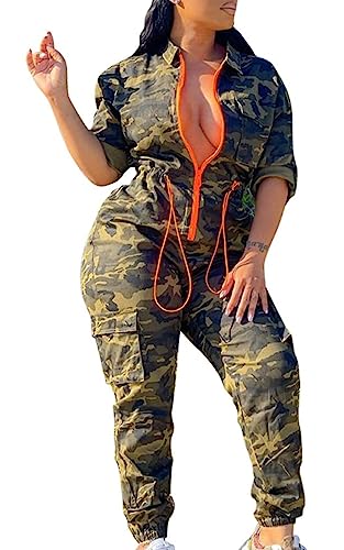 IUALXYBB Women's Casual Camouflage Long Jumpsuits Drawstring Waist Zipper Jogger Pants Set One-Piece Work Out Rompers (M,Camo,Medium)