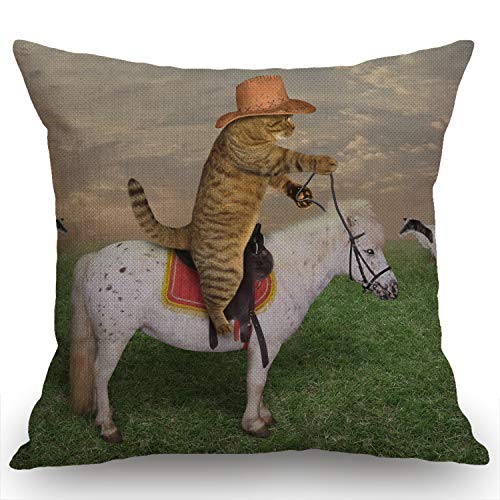 Swono Funny Cat Farmhouse Décor The Cat Cowboy on a Horse Decorative Throw Pillow Cover Cotton Linen Sofa Couch 18 x 18 in