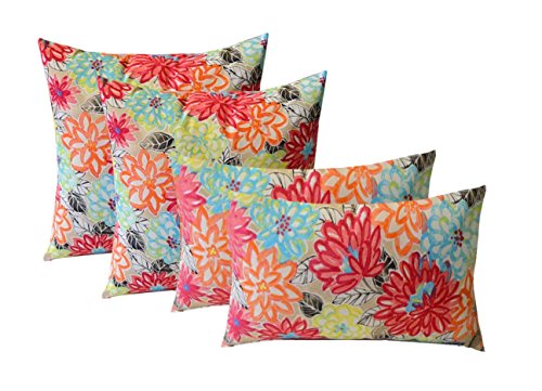 RSH Decor Indoor Outdoor Set of 4 (2-17'x17' Square and 20'x12') Lumbar Decorative Toss Throw Pillows - Yellow, Orange, Blue, Pink Bright Artistic Floral