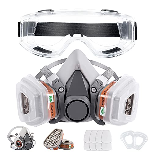 Respirator Mask Reusable Half Face Gas Cover/ Shield with Safety Glasses, Filters for Painting, Welding, Polishing, Woodworking and Other Work Protection (Medium)