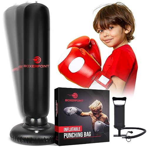 Boxerpoint Inflatable Punching Bag for Kids – 63 Inch Kids Boxing Bag with Stand – Free Standing Punching Bag Kids – Boxing Equipment for Kids