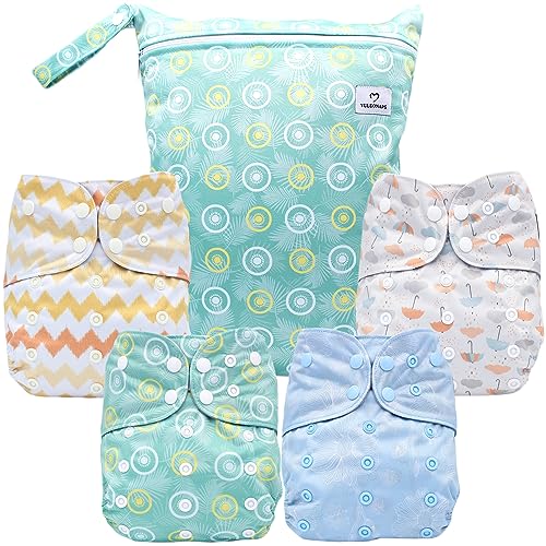 YULUONAPS Reusable Baby Cloth Diapers with AWJ Lining, Washable Pocket Diapers for Newborn Boys and Girls, 4 Pack with 4 Bamboo Inserts+One Wet Bag (Umbrella)