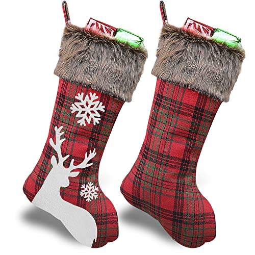 WUJOMZ Christmas Stockings 2022, 18 Inches Burlap with Large Plaid Snowflake and Plush Faux Fur Cuff Stockings, for Home Decor (2 Pcs Plaid Snowflake)