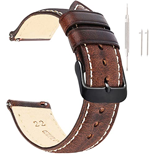 EACHE Quick Release Genuine Leather Watch Band 22mm for Men Women Retro Leather Watch Strap Watchband Dark Brown Black Buckle
