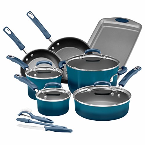 Rachael Ray Brights Nonstick Cookware Set / Pots and Pans Set - 14 Piece, Marine Blue