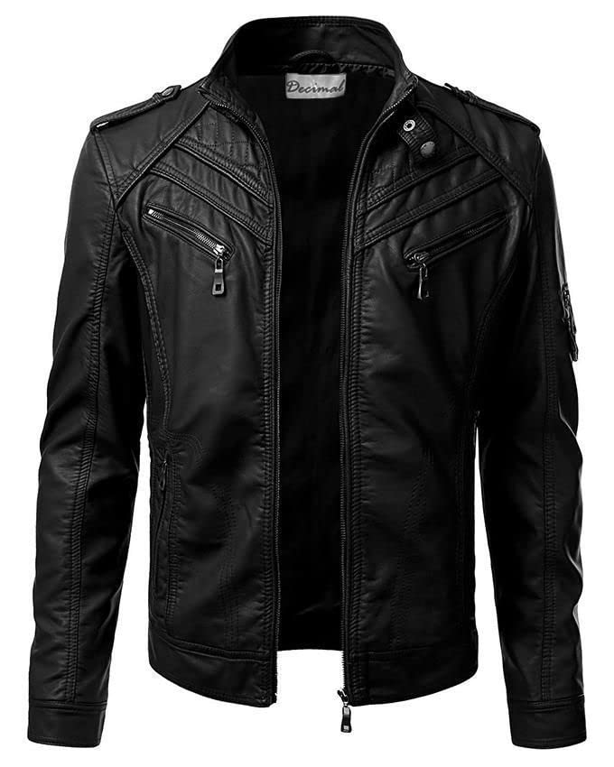 DECIMAL Men's Black Genuine Lambskin Leather Biker Jacket VINTAGE REAL MOTORCYCLE JACKETS FOR MEN (LARGE)