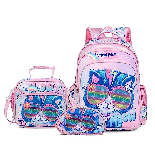 Robhomily Girls Backpack with Lunch Box for Elementary School Preschool Kindergarten,16 Inch Cute Cat Kids Backpack with Lunch Bags Sets for Girls,Pink School Backpack