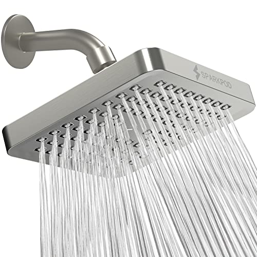 SparkPod Shower Head - High Pressure Rain - Premium Quality Luxury Design - 1-Min Install - Easy Clean Adjustable Replacement for Your Bathroom Shower Heads (Elegant Brushed Nickel, 6 Inch Square)