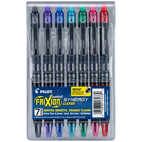 Pilot, FriXion Synergy Clicker Erasable, Refillable, Retractable Gel Ink Pens, Extra Fine Point 0.5 mm, Pack of 7, Assorted Colors