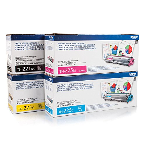 Brother TN221BK Standard Yield Black and TN225C, TN225M, TN225Y High Yield Cyan, Magenta and Yellow Toner Cartridge Set