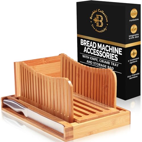 Bamboo Bread Slicer with Knife - 3 Slice Thickness, Foldable Compact Cutting Guide with Crumb Tray, Stainless Steel Bread Knife for Homemade Bread, Cake, Bagels 5.5” Wide x 5” Tall - By Bambüsi