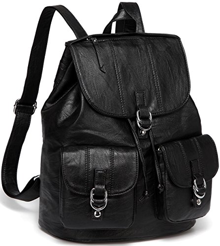 VASCHY Backpack Purse for Women, Fashion Faux Leather Buckle Flap Drawstring Backpack for College with Two Front Pockets Black