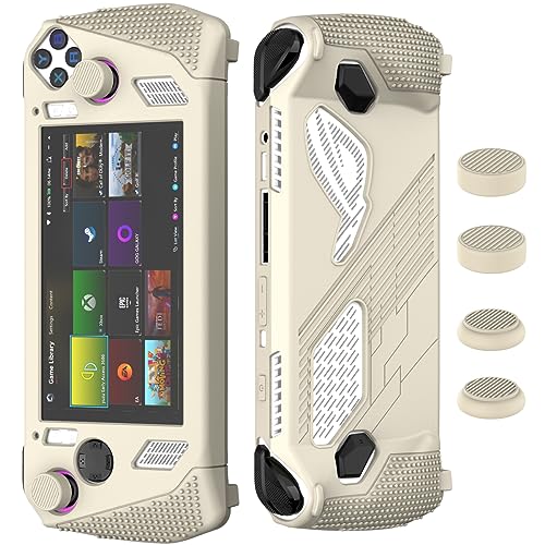 SUIHUOJI for Rog Ally Stand Protective Case, Silicone Accessories Protector, Soft Cover Skin Shell with 2 Pairs Thumb Grips Caps, Full Protection Kickstand for ASUS Rog Ally Handheld (Off White)