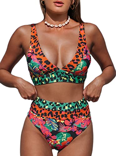 Hilinker Women's Leopard Bikini Swimsuits V Neck High Waisted 2 Piece Bathing Suits Coral Medium