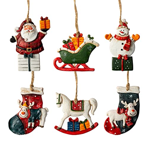 Crafjie Resin Christmas Tree Ornaments 6-Pack Xmas Hanging Ornaments Santa Snowman Christmas Stocking Sleigh Ornaments for Christmas Tree Holiday Decorations, Outdoor Holiday Home Decorations
