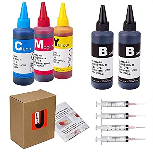 JETSIR 4 Color Ink Refill kit for HP 950 951 932 933 60 61 952 902 901 62 63 21 22 920 940 934 564 711 970 971 94 95 96 Ink Cartridge (2 Black 1 Cyan 1 Magenta 1 Yellow) 100ML x5 Bottle with Syringe
