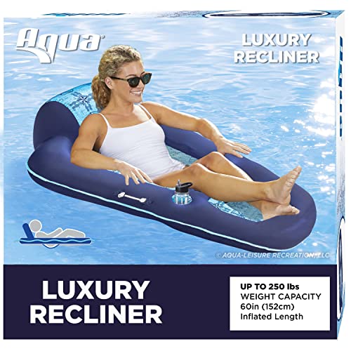 AQUA Campania Ultimate 2 in 1 Recliner & Tanner Pool Lounger with Adjustable Backrest and Caddy, Inflatable Pool Float, Navy Hibiscus (B07G98QSS4)