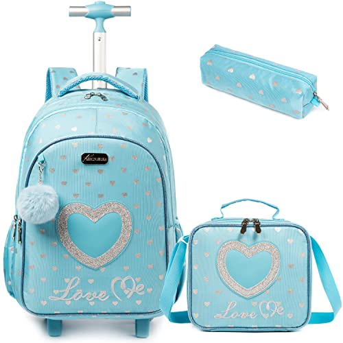 Egchescebo Kids Love Heart Rolling Backpack for Girls Suitcases Trolley Backpacks with Wheels Roller Luggage on Wheels with Lunch Box Pencil Case for Elementary Travel School Bag Blue