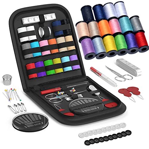 Sewing Kit Gifts for Grandma, Mom, Friend, Traveler, Adults, Beginner, Emergency,Sewing Supplies Accessories with Scissors,Sewing Needles Thimble, Thread,Tape Measure etc (Black, S)
