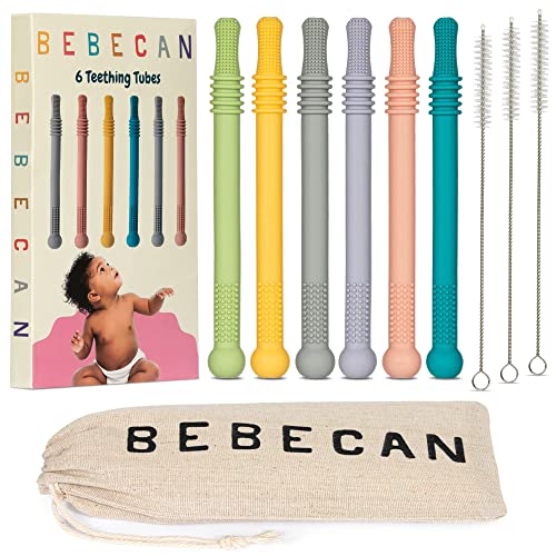 BEBECAN Teething Sticks for Babies 0-36 Months - Super Soft Silicone Teethers in 6 Vibrant Colors, Infant Teething Relief, Multicolored Teething Tubes Baby Gift Teethers