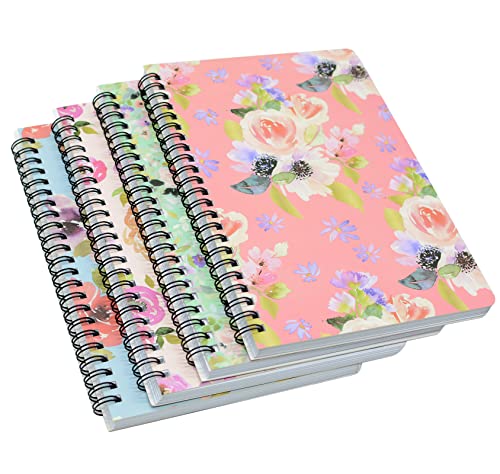 Yansanido Spiral Notebook, 4 Pcs A5 Thick Flower Design Hardcover 8mm Ruled 4 Color 80 Sheets -160 Pages Journals for Study and Notes (flower)