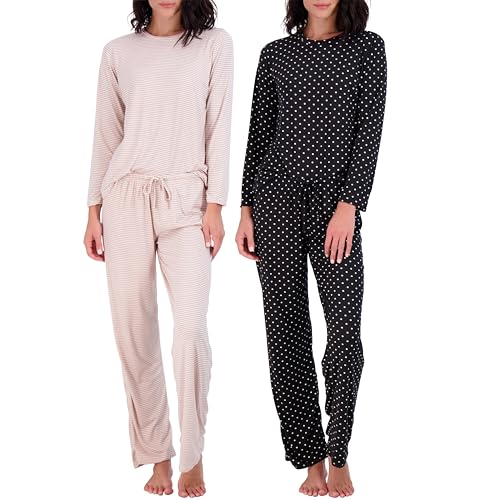 Real Essentials Women’s Long Sleeve Pajama Sets Ladies Soft Winter Fall Sleepwear Clothes Loungewear Tops Pants Bottoms Fall Warm Silky Pj Sets for Women, Set 3, Large, Pack of 2