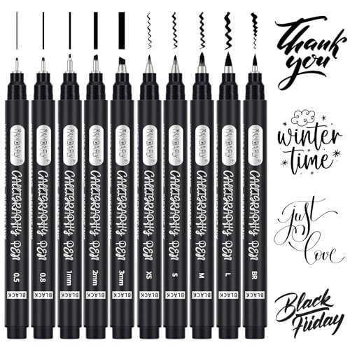 PANDAFLY Calligraphy Pens, 10 Size Calligraphy Pens for Writing, Hand Lettering, Art Drawing, Sketching, Scrapbooking, Journaling, Calligraphy Brush Pens for Beginners