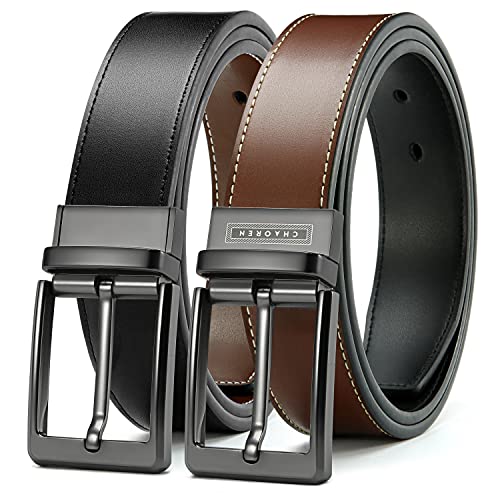 CHAOREN Reversible Belt for Men - Mens Belt Leather 1 3/8' Cognac for Dress Pants Shoes - Adjustable Belt Trim to Fit