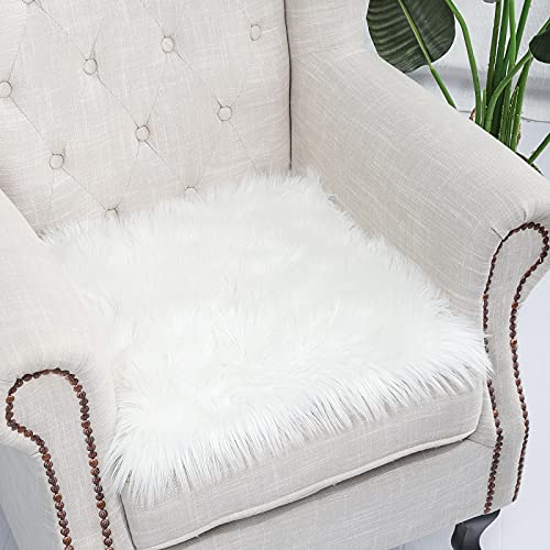 LOCHAS Luxury Super Soft Fluffy Shaggy Seat Cushion Faux Sheepskin Rug for Floor Sofa Chair,Chair Cover Seat Pad Couch Pad Area Carpet, 1.5ft x 1.5ft,White