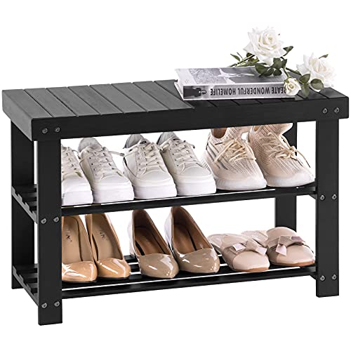 Apicizon Bamboo Shoe Rack for Entryway, 3-Tier Shoe Rack Bench for Front Door Entrance, Small Shoe Organizer with Storage, Black