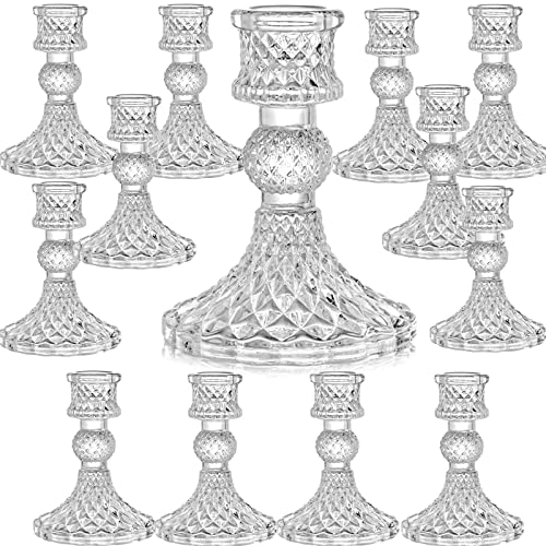 AVLA 12 Pack Crystal Candle Holders, Clear Taper Candlestick, Thick Glass Candle Stand, Small Centerpiece for Table, Wedding, Party, Church, Windowsill Decor, Home Decoration, Diamond Pattern