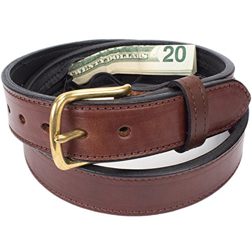 Hidden Money Pocket Travel Leather Belt (Size 52, Brown)