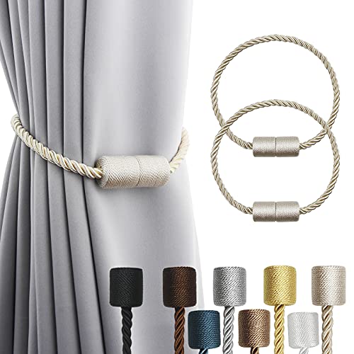 Porlau 2 Pack Beige Strong Magnetic Curtain Tiebacks Outdoor Elegant Decorative Tie Backs Modern Rope Tiebacks for Drapes Window Curtain Holdbacks for Draperies